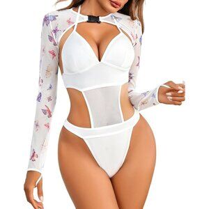 Women White 1 Festival Sexy Lingerie Bodysuit Buckle Shrug Crop Top Set Outfits